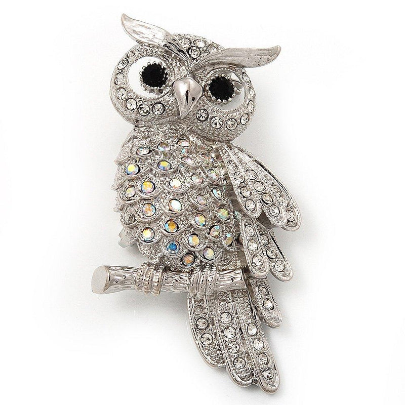 [Australia] - Avalaya Sparkling AB Crystal Owl Brooch (Silver Tone Metal) - 50mm L 