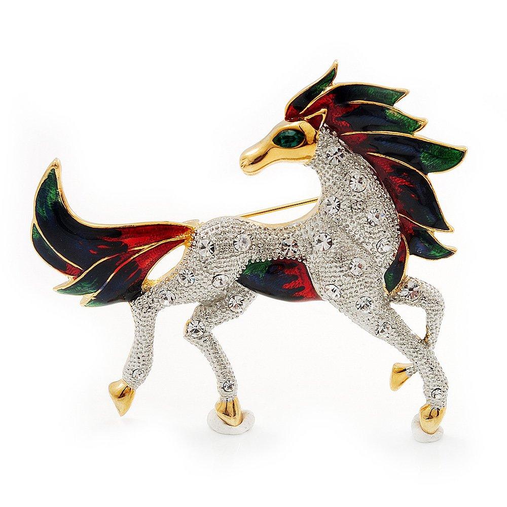 [Australia] - Avalaya Oversized Diamante Enamel Horse Brooch in Rhodium Plated Metal 