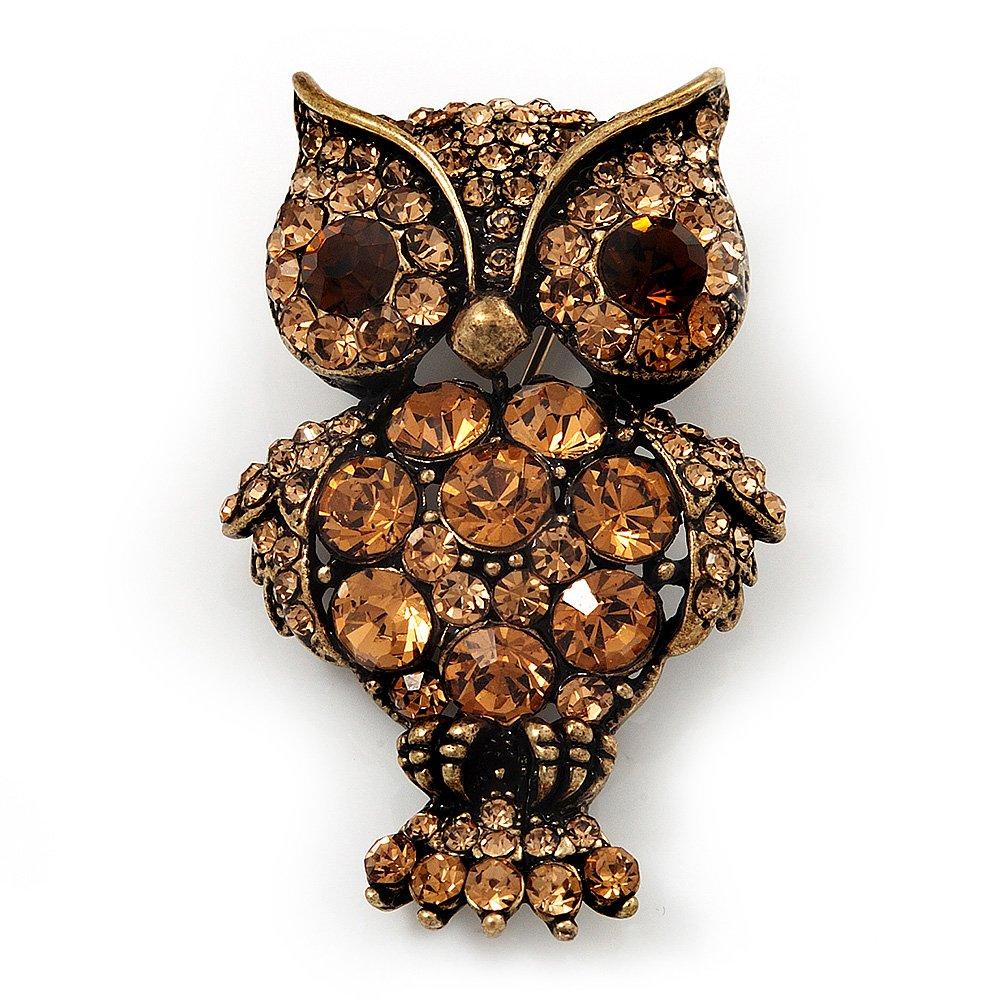 [Australia] - Avalaya Antique Gold Metal Amber Coloured Crystal Owl Brooch 