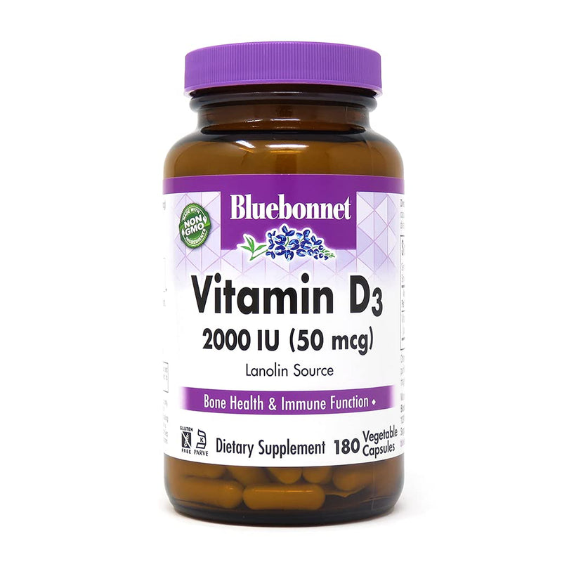 [Australia] - Bluebonnet Nutrition Vitamin D3 2000 IU Vegetable Capsule, Aid in Muscle and Skeletal Growth, Cholecalciferol from Lanolin, D3, Non GMO, Gluten Free, Soy Free, Milk Free, Kosher, 180 Vegetable Capsule 