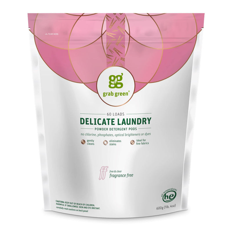 [Australia] - Grab Green Delicate Laundry Detergent Pods, 60 Count, Fragrance Free, Plant and Mineral Based, Gently Cleans, Eliminates Stains, Ideal for Fine Fabrics 60 Count (Pack of 1) 