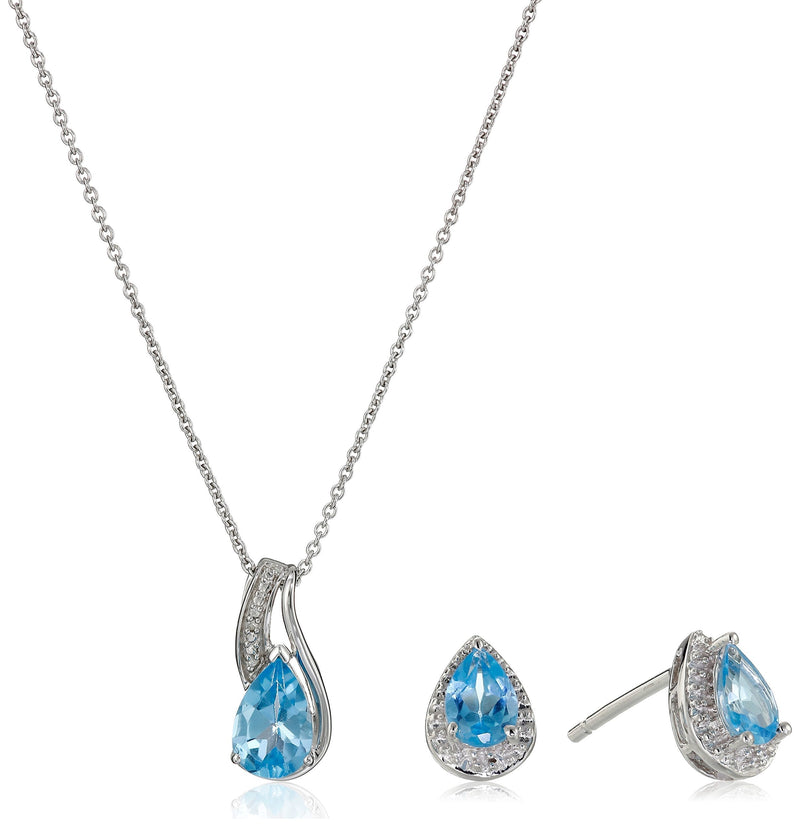 [Australia] - Sterling Silver Blue Topaz Pear with Diamond Pendant, Necklace and Earrings Box Set 