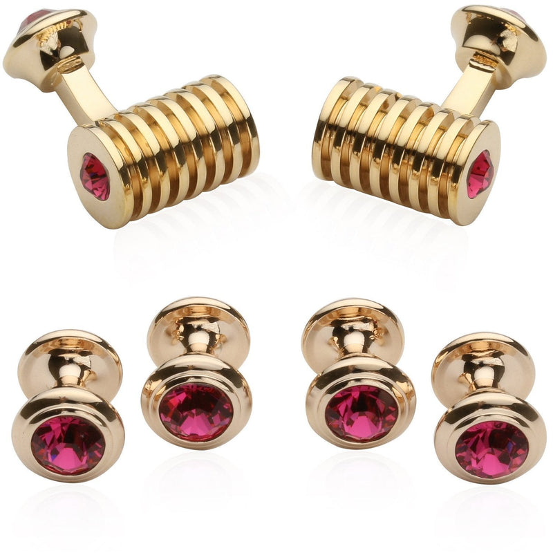 [Australia] - Cuff-Daddy Rose-Gold-Tone Fuchsia Swarovski Barrel Crystal Cufflinks and Studs Formal Set with Presentation Box 