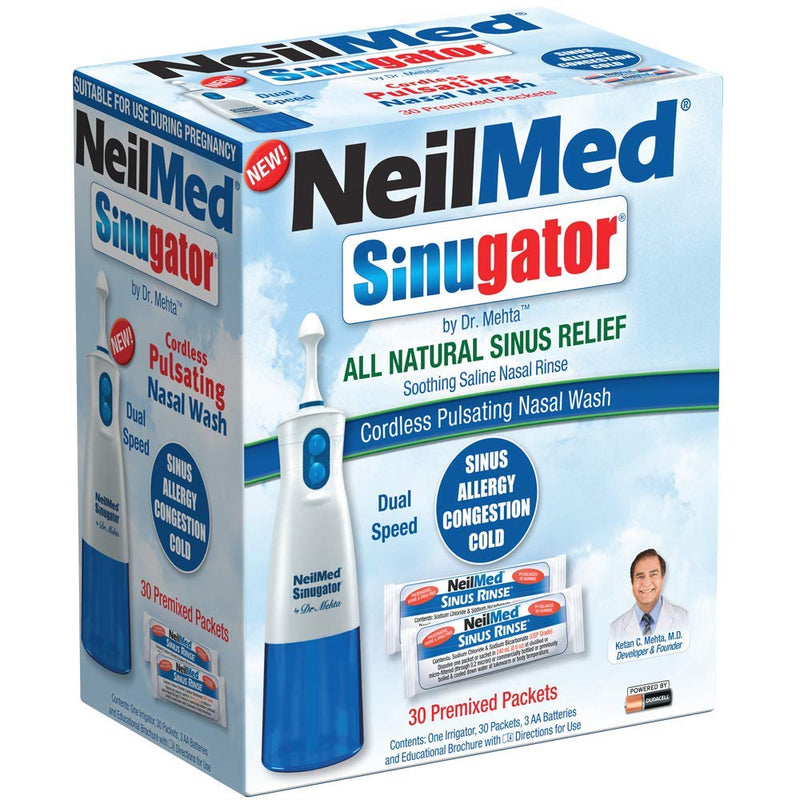 [Australia] - NeilMed Sinugator Cordless Pulsating Nasal Wash Kit with One Irrigator, 30 Premixed Packets and 3 AA Batteries 