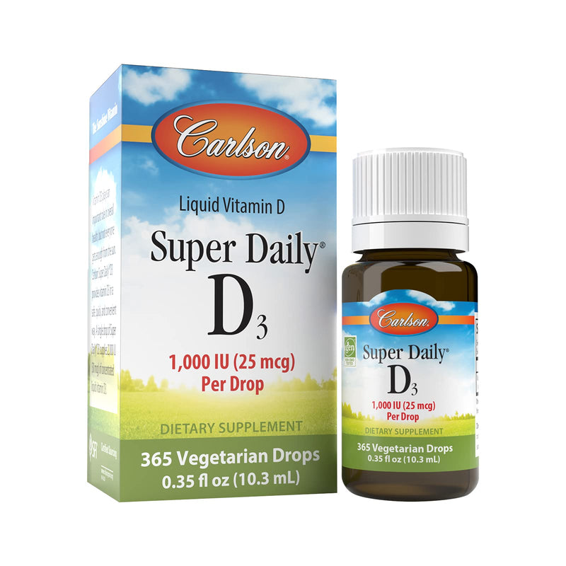 [Australia] - Carlson - Super Daily D3, Vitamin D Drops, 1,000 IU (25 mcg) per Drop, 1-Year Supply, Vitamin D3 Liquid, Heart & Immune Health, Vegetarian, Liquid Vitamin D3 Drops, Unflavored, 365 Drops 0.35 Fl Oz (Pack of 1) 