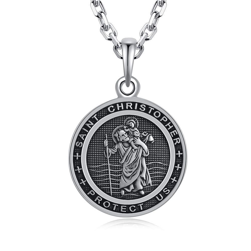 [Australia] - VENICEBEE Saint Christopher Medal Solid 925 Sterling Silver Pendant Necklace with Chain Black Pouch Polishing Cloth Gift Box 