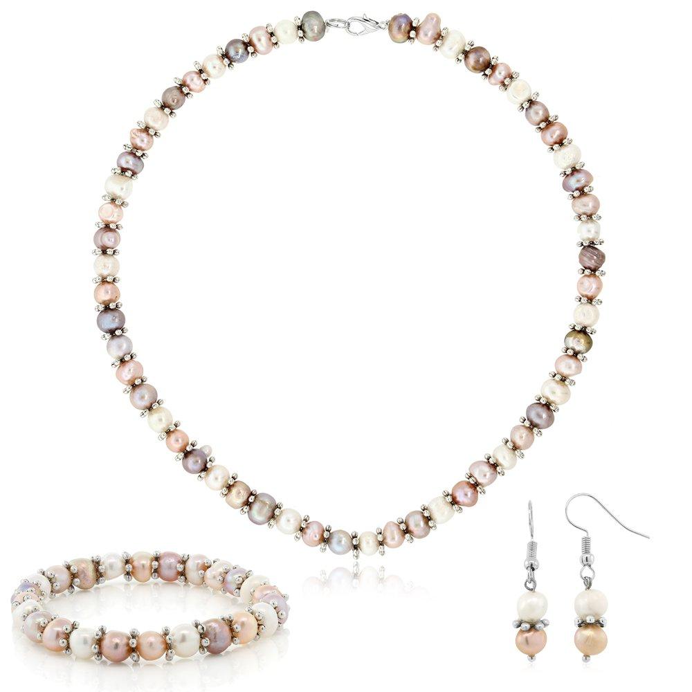 [Australia] - Gem Stone King Pink & White Cultured Freshwater Pearl Necklace Earrings Bracelet Set 7-8MM 18inches 