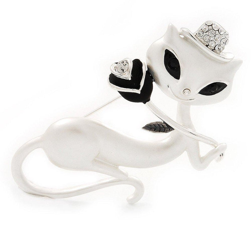 [Australia] - White Matte Enamel 'Lady Cat With Black Rose' Brooch In Silver Tone Metal - 5.5cm Length 