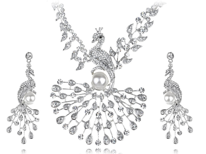 [Australia] - Alilang Womens Silvery Tone Clear Rhinestones Faux Pearl Peacock Bird Necklace Earrings Set 