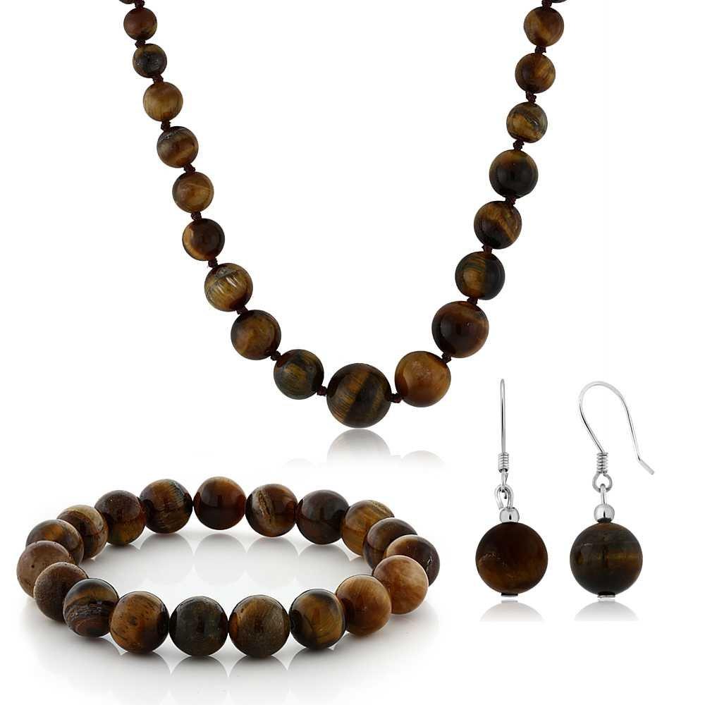 [Australia] - Gem Stone King 10mm Tiger Eye Brown Color Cross Cut Bead Necklace Bracelet and Earrings Set 