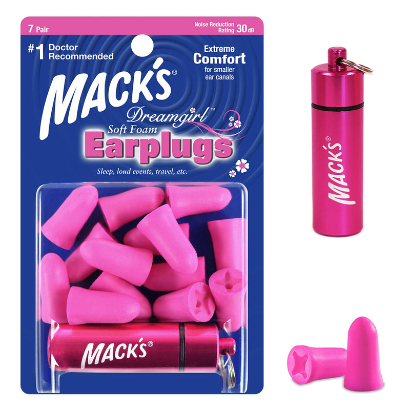 [Australia] - Mack’s Dreamgirl Soft Foam Earplugs, 7 Pair with Travel Case - Small Ear Plugs for Sleeping, Snoring, Studying, Loud Events, Traveling and Concerts 