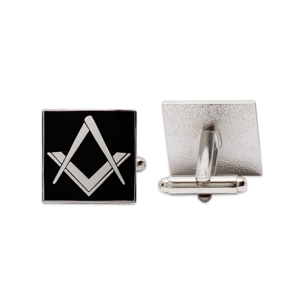 [Australia] - Square & Compass Square Masonic Cuff Link Pair - [Black & Silver][3/4'' Square] 