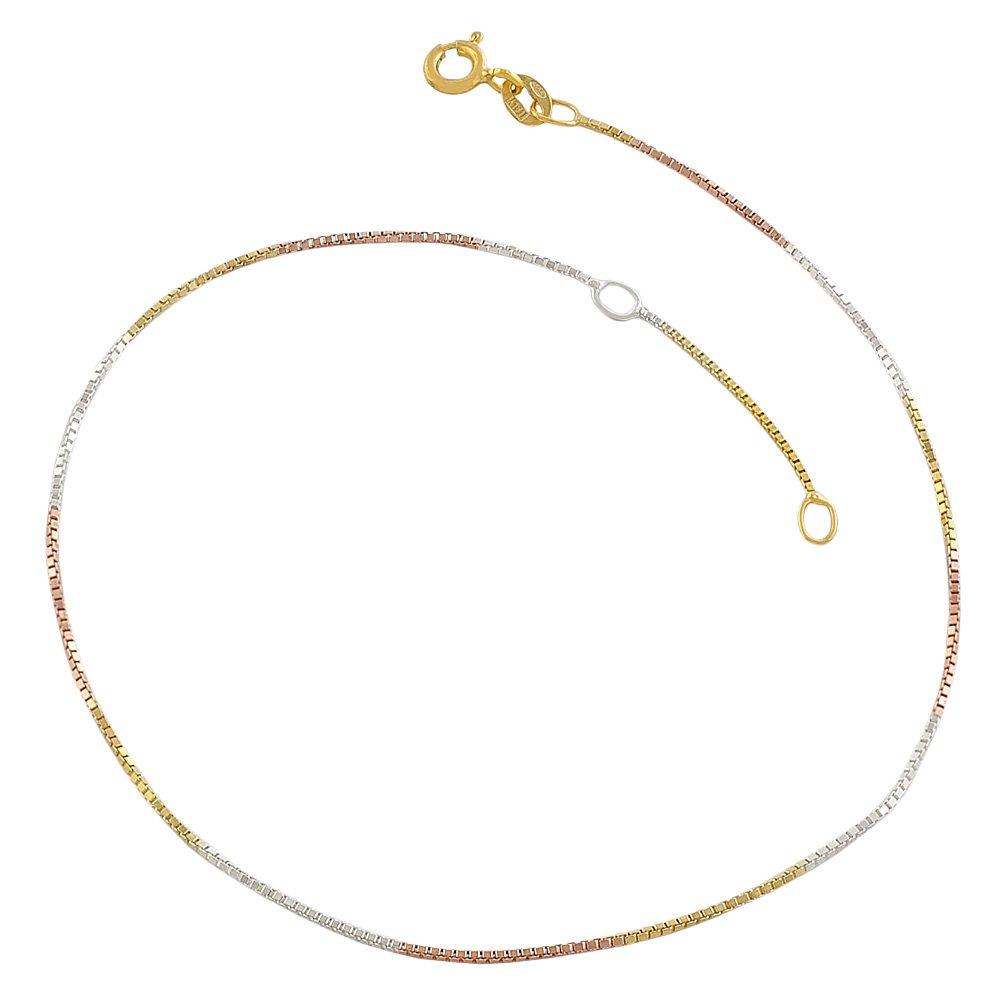 [Australia] - Kooljewelry 14k Tri-Color Gold Over Silver 0.8 mm Venetian Box Chain Anklet (9-10 inch) 