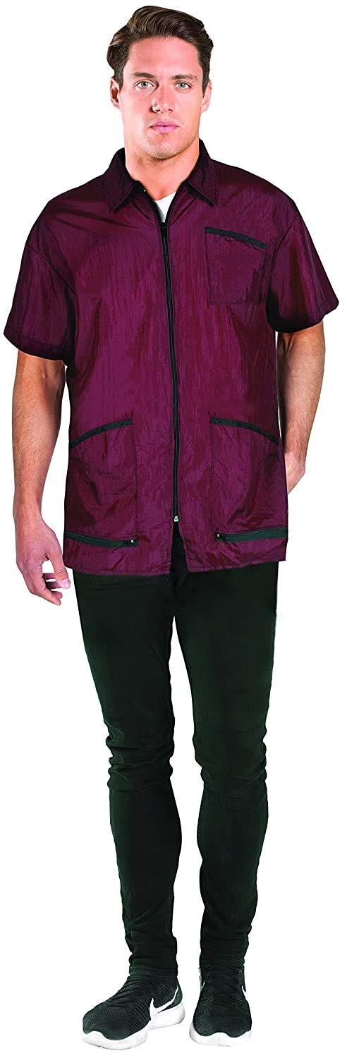 [Australia] - Betty Dain Premier Barber Jacket, Soft, Lightweight, Water Resistant Nylon Repels Hair, Zippered Front, Two Angled Lower Pockets with Zippered Bottoms, Angled Chest Pocket, Burgundy, XL 