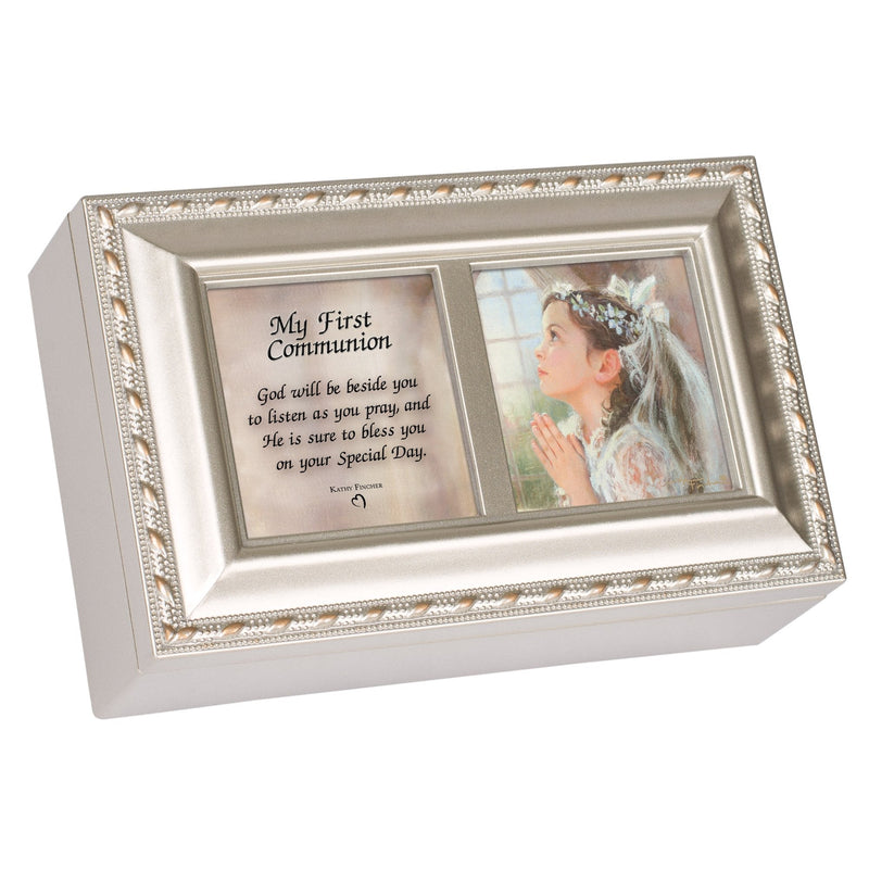 [Australia] - Cottage Garden First Communion God Beside You Brushed Silvertone Jewelry Music Box Plays Amazing Grace 