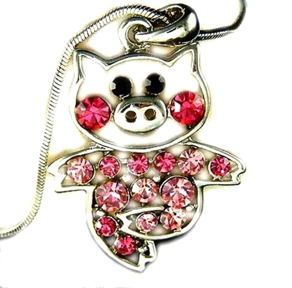 [Australia] - Adorable Little Pig Piggy Pendant and Necklace Pink and Rose Crystal 18" Snake Chain Fashion Jewelry 