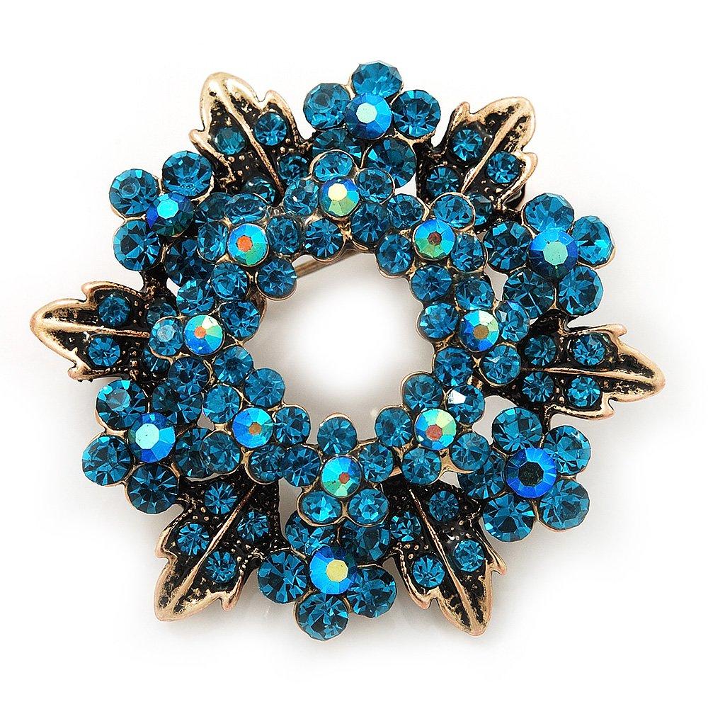 [Australia] - Avalaya Turquoise Coloured Crystal Wreath Brooch in Antique Gold Metal - 4cm Diameter 