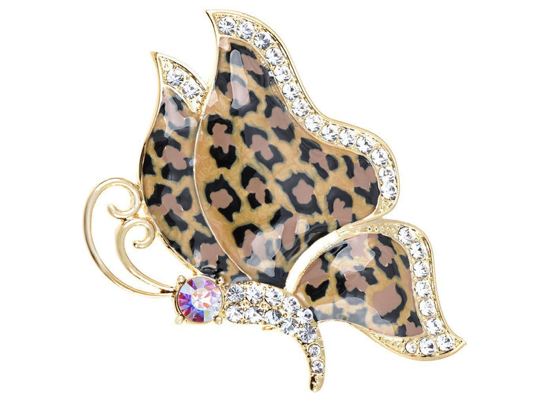 [Australia] - Alilang Golden Tone Butterfly Insect with Enamel Wild 80s Cheetah Cat Pattern Wing Animal Brooch Pin Leopard Print 