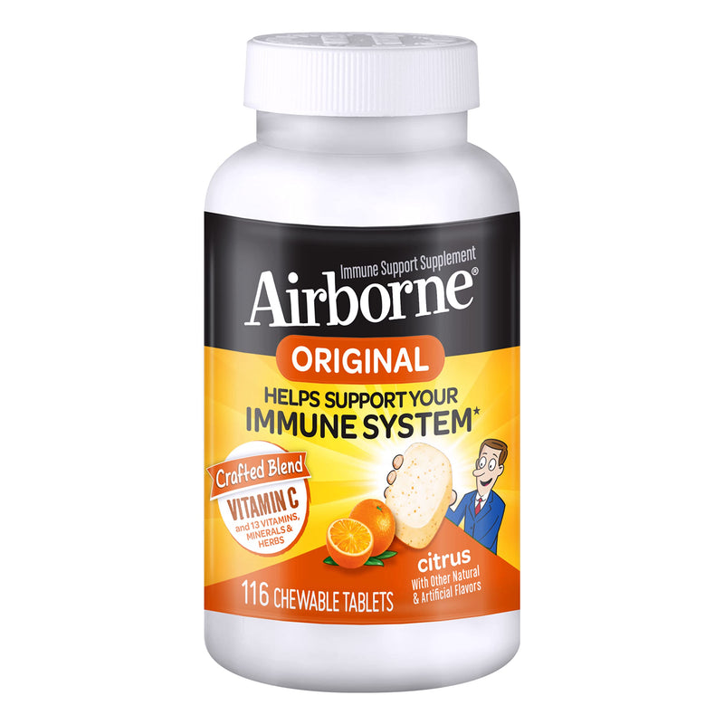 [Australia] - Airborne 1000mg Vitamin C Chewable Tablets with Zinc, Immune Support Supplement with Powerful Antioxidants Vitamins A C & E - (116 count bottle), Citrus Flavor, Gluten-Free 116 Count (Pack of 1) 