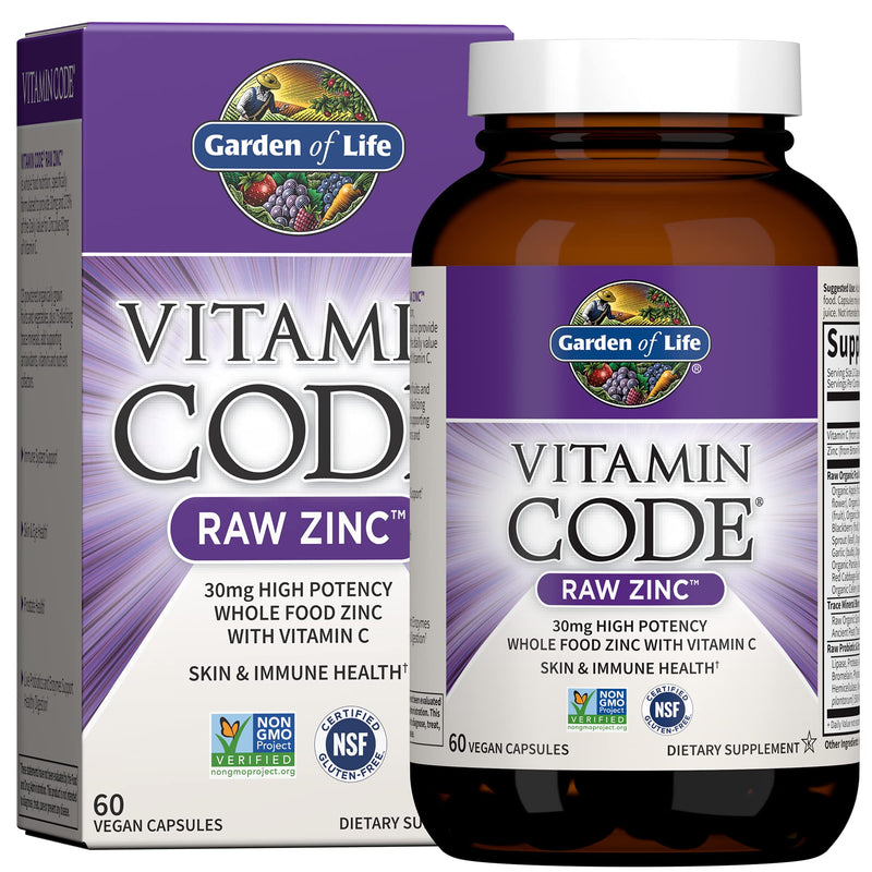 [Australia] - Garden of Life Vitamin Code Raw Vegan Zinc Capsules, 30mg High Potency Whole Food Supplement Plus Vitamin C, Trace Minerals & Probiotics for Skin Health & Immune Support, 60 Count 