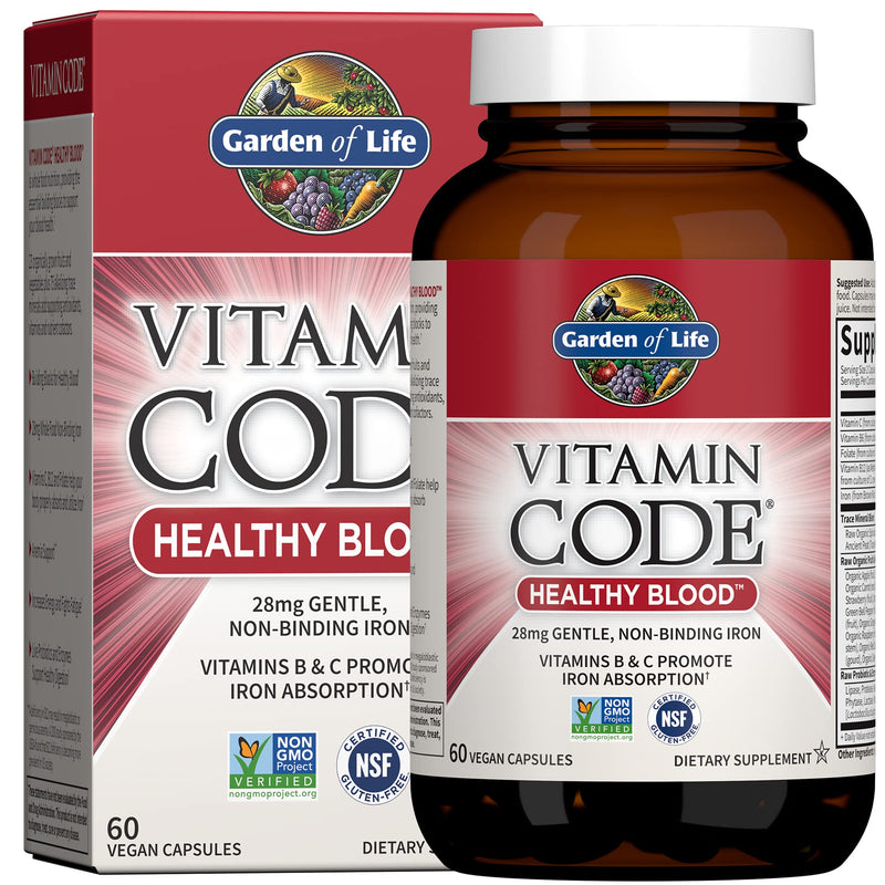 [Australia] - Garden of Life Vitamin Code Iron Supplement, Healthy Blood - 60 Vegan Capsules, 28g Iron, Vitamins B, C, Trace Minerals, Fruit Veggies, Probiotics - Iron Supplements for Women Energy, Anemia Support 