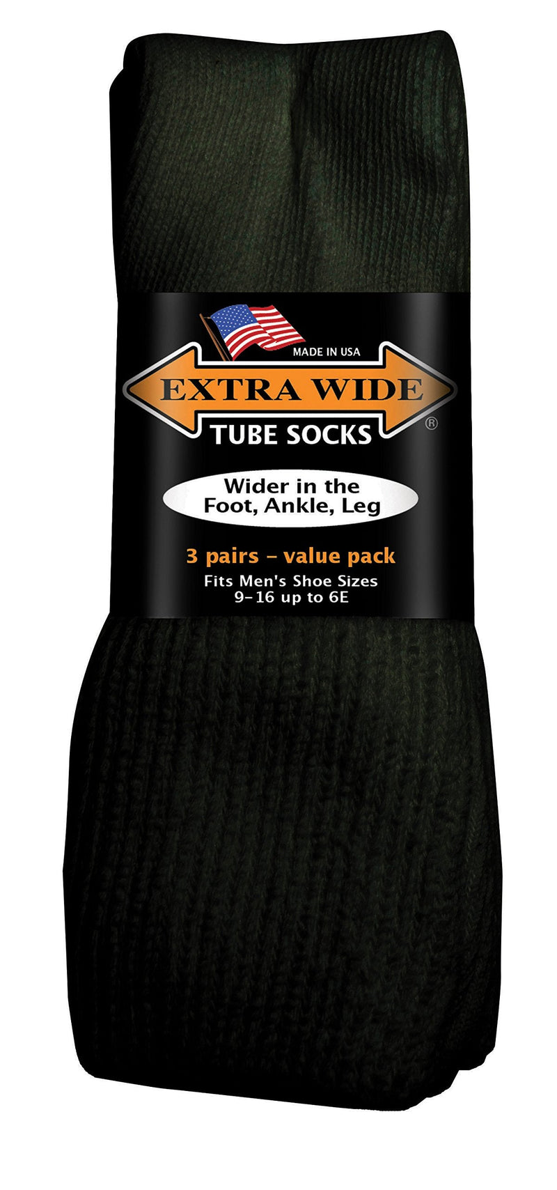 [Australia] - Extra-Wide Tube Socks Black Fit Shoes 9-15 Up to 6E 3-Pair Pack Made in USA 