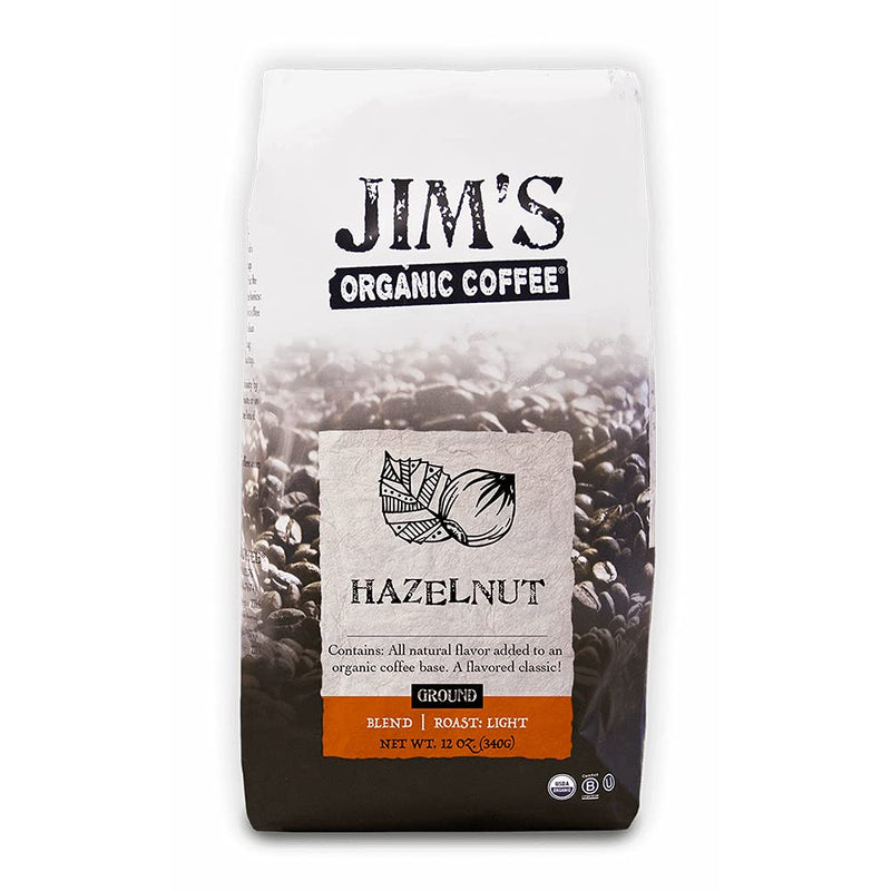[Australia] - Jim’s Organic Coffee – Hazelnut, All Natural Flavored Blend – Light Roast, Ground Coffee, 12 oz Bag 