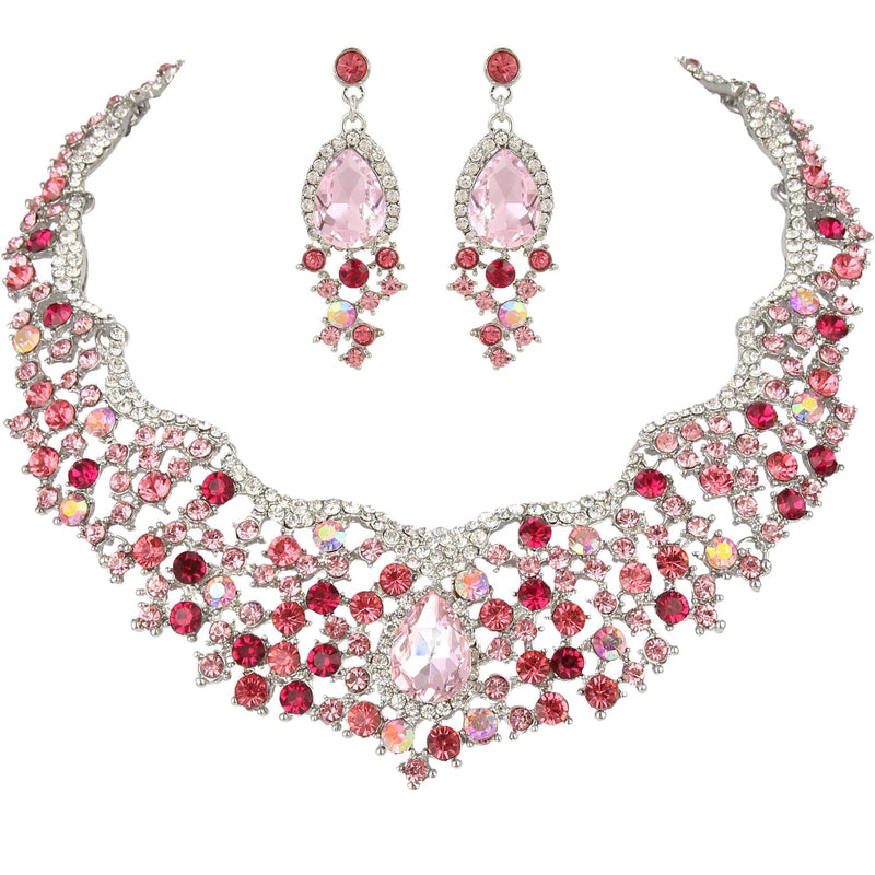 [Australia] - EVER FAITH Women's Austrian Crystal Flower Cluster Teardrop Necklace Earrings Set Pink Silver-Tone 