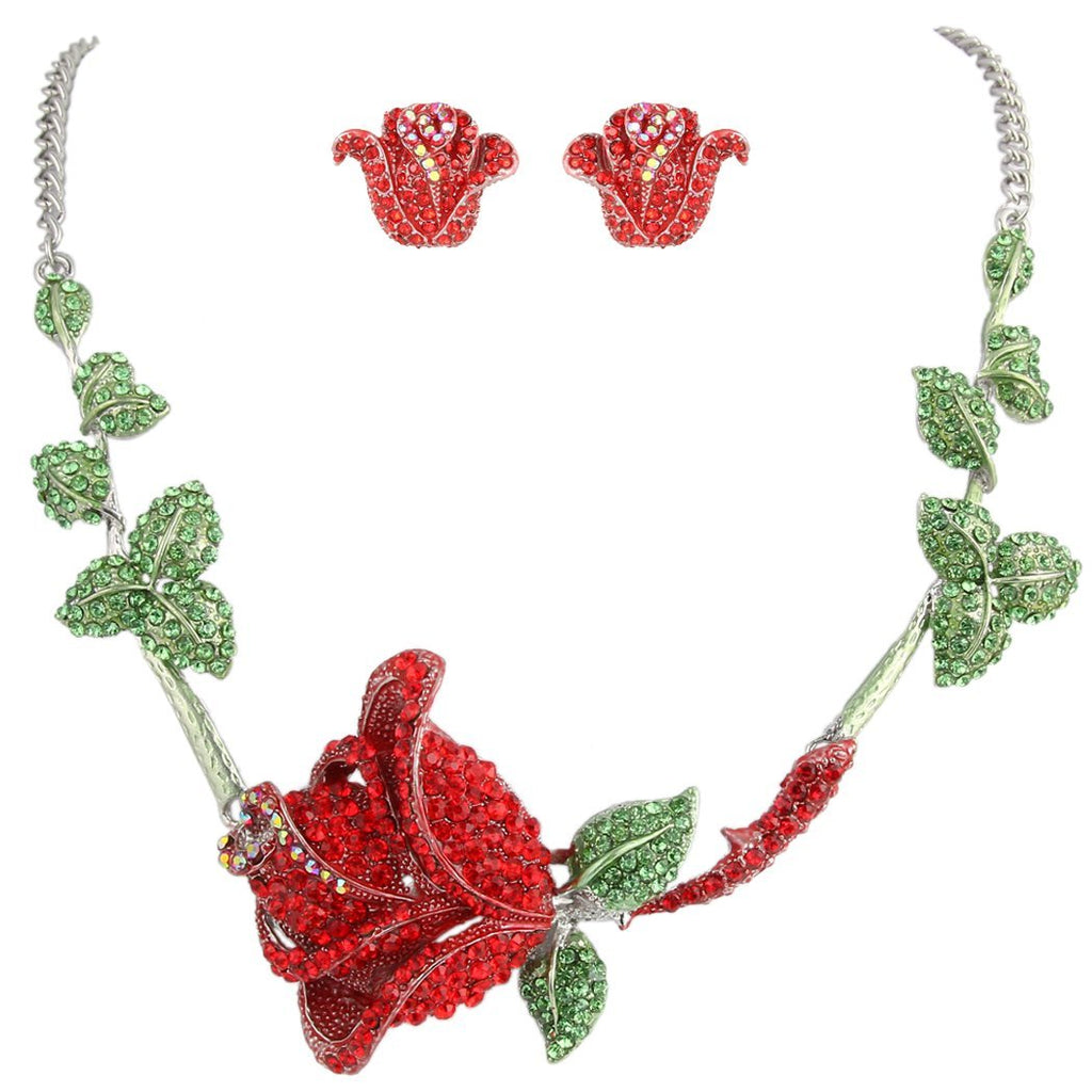 [Australia] - EVER FAITH Austrian Crystal Rose Flower Leaf Necklace Stud Earrings Set Silver-Tone Red w/ Green 