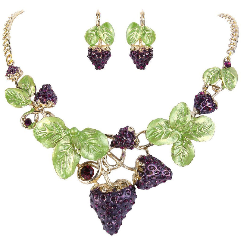 [Australia] - EVER FAITH Women's Austrian Crystal Sweet Strawberry Leaf Necklace Earrings Set Purple Gold-Tone 