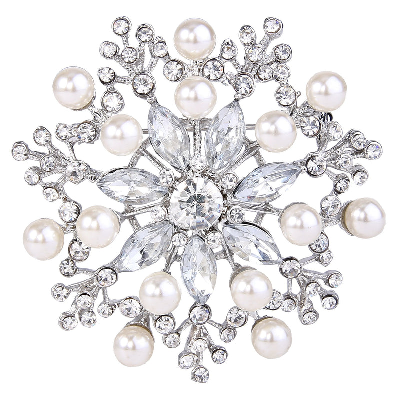 [Australia] - EVER FAITH Women's Clear Austrian Crystal Simulated Pearl Blooming Flower Teardrop Brooch Silver-Tone 