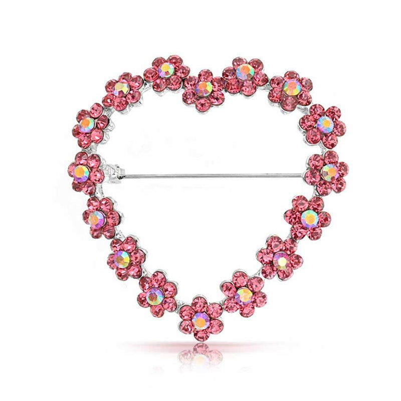 [Australia] - Bling Jewelry Large Open Heart Shaped Flower Brooch Pin for Women Pink Topaz Crystal Floral Rhodium Plated Alloy 