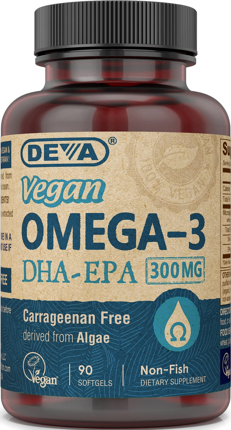 [Australia] - Deva Vegan Omega-3 DHA EPA Natural Supplement Once-Per-Day Softgel 300 MG - Carrageenan Gelatin & Gluten Free - Non-Fish Algae Oil Fatty Acids - 90 Softgels 