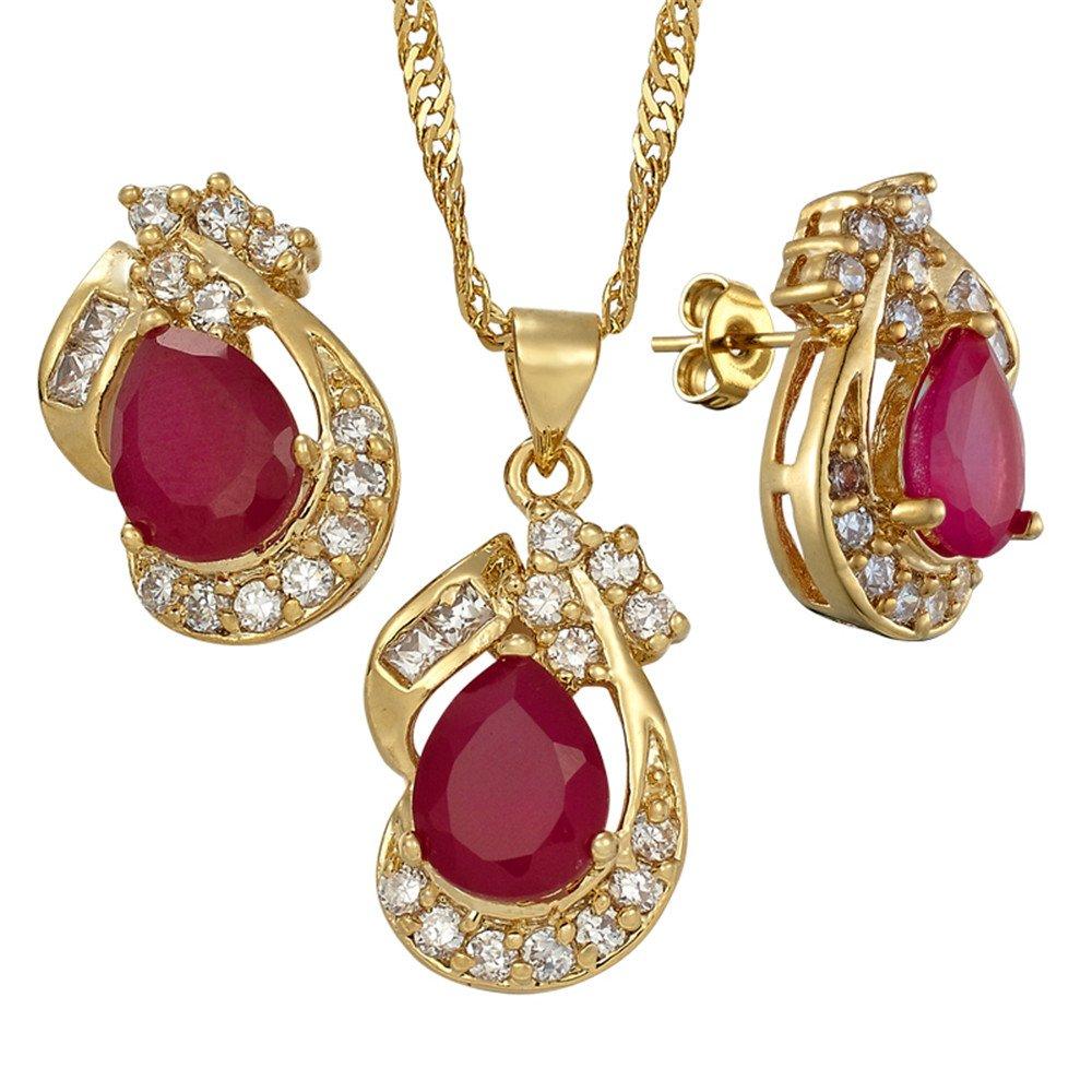 [Australia] - RIZILIA Pear Cut Red Ruby Yellow Gold Plated Jewelry Set, Pendant with 18" Chain Stud Earrings 
