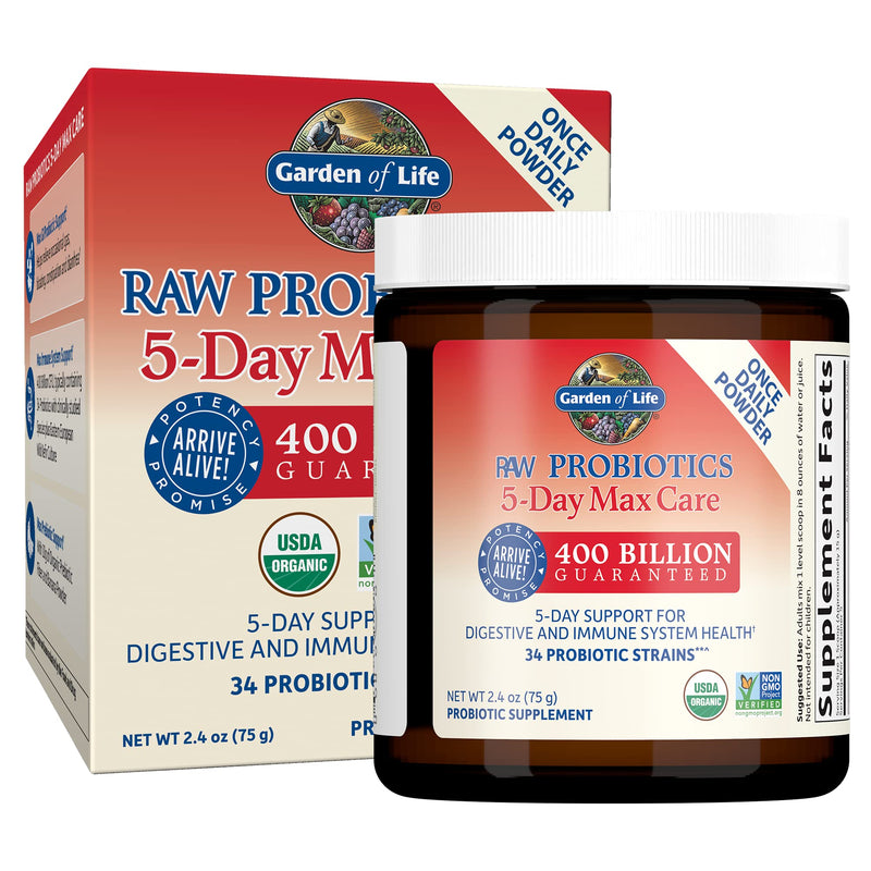 [Australia] - Garden of Life Organic Probiotic Powder for Women and Men - Raw Probiotics 5-Day Max Care 400 Billion CFU - Banana, High Bifido 5 Day Formula with Enzymes, Prebiotics for Digestive and Immune Health 