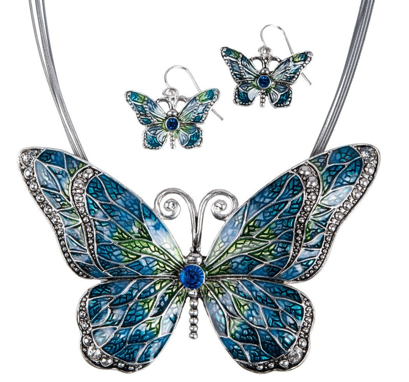 [Australia] - Jewelry Nexus Butterfly Pendant Necklace with Enamel Inlay and Matching Earrings Set Blue 