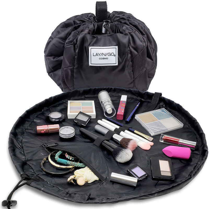 [Australia] - Lay-n-Go Drawstring Makeup Bag – Black, 20 inch - Travel Cosmetic Bag, Scrunch Sac Makeup Bag Opens Flat for Easy Access, Makeup Pouch, Durable and Stylish 