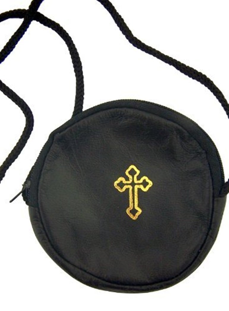 [Australia] - Gold Stamped Cross Leather Rosary or Pyx Case with Strap, Black, 3 3/4 Inch 