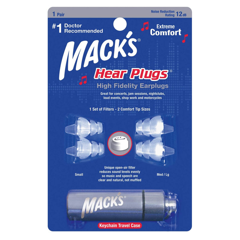 [Australia] - Mack's High Fidelity Ear Plugs for Concerts, Musicians, Motorcycles, Noise Sensitivity - 1 Pair (2 Comfort Tip Sizes) - Clear Hear Plugs with Case 