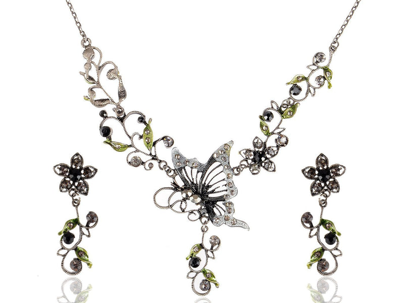 [Australia] - Alilang Gunmetal Tone Clear Balck Crystal Rhinestones Green Enamel Butterfly Flower Necklace Earrings Set 