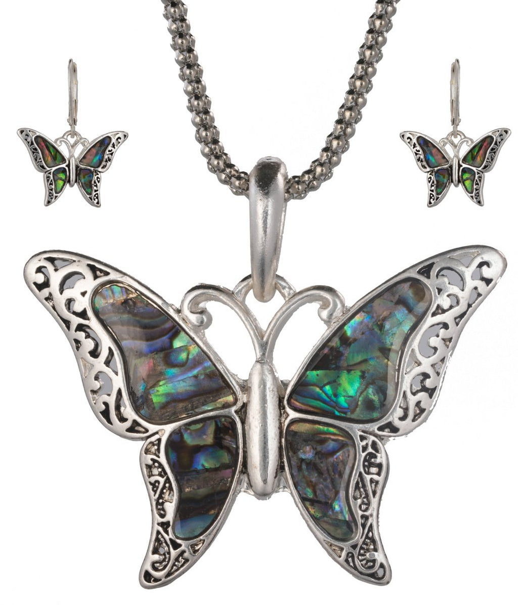 [Australia] - Jewelry Nexus Green Imitation Abalone Butterfly Pendant with Popcorn Chain Necklace with Matching Earrings 