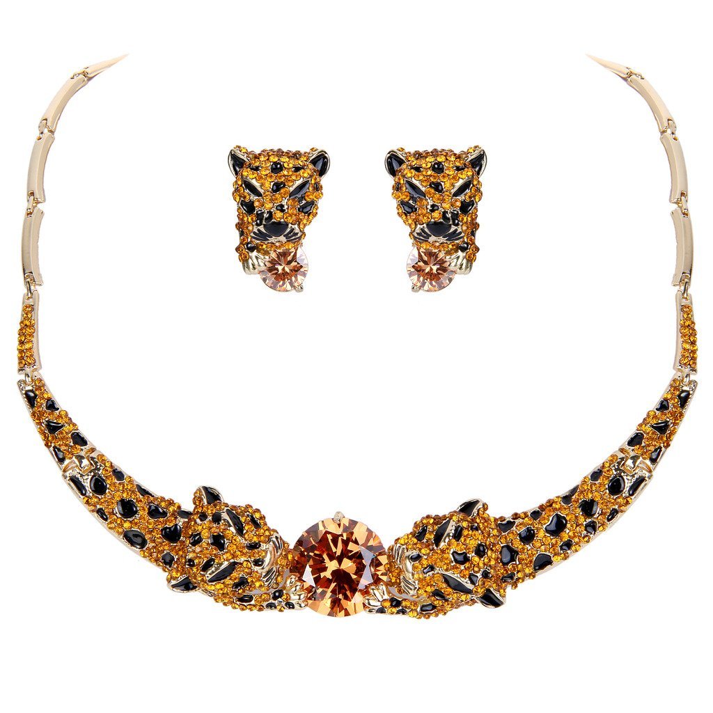 [Australia] - EVER FAITH Vivid Dual Leopard CZ Crystal Animal Necklace Earrings Set Orange Gold-Tone 