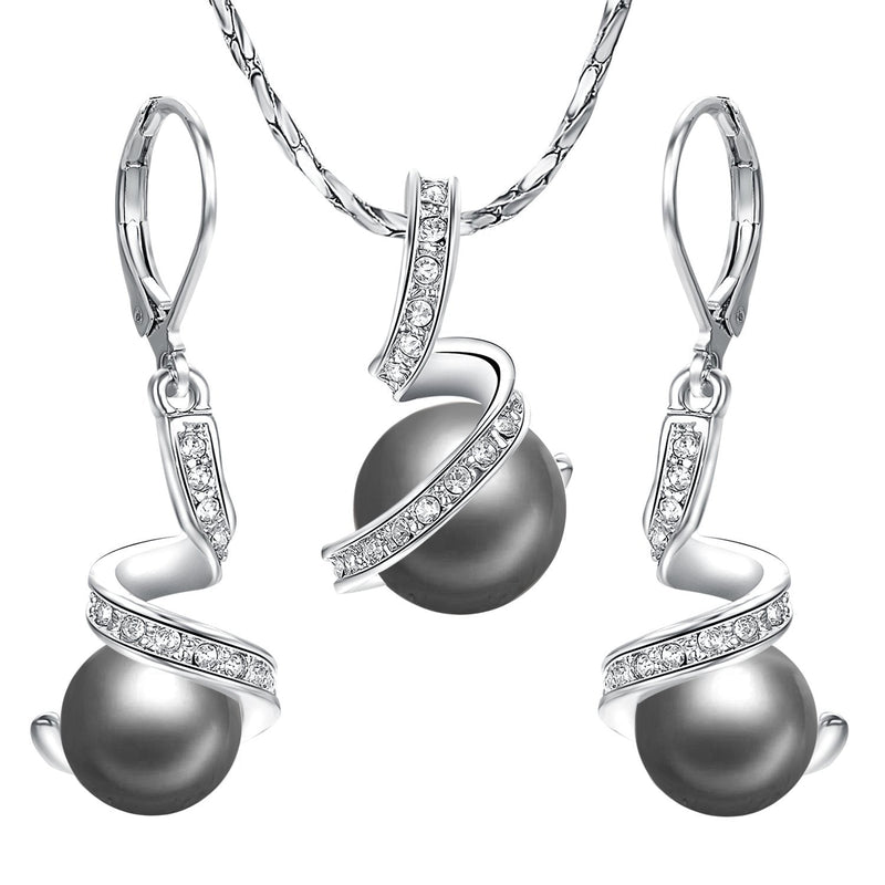 [Australia] - Yoursfs Grey Pearl Jewelry Set For Women 18k White Gold Plated Leverback Earrings & Pendant Drop Earrings and Necklace Set 