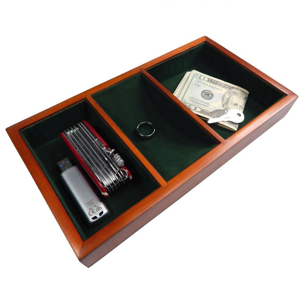 [Australia] - Launch Innovative Products Walter Wooden Valet Tray with 3 Compartment Leatherette Organizer Box for Wallets, Coins, Keys, and Jewelry 