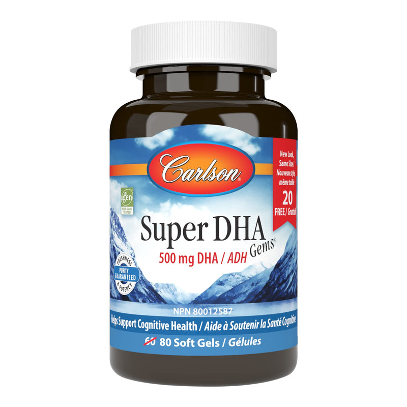 [Australia] - Carlson - Super DHA Gems, 500 mg DHA Supplements, 640 mg Fatty Acids, Wild-Caught Norwegian Arctic Fish Oil Concentrate, Sustainably Sourced Nordic Fish Oil Capsules, 60+20 Softgels 60 + 20 Soft Gels 