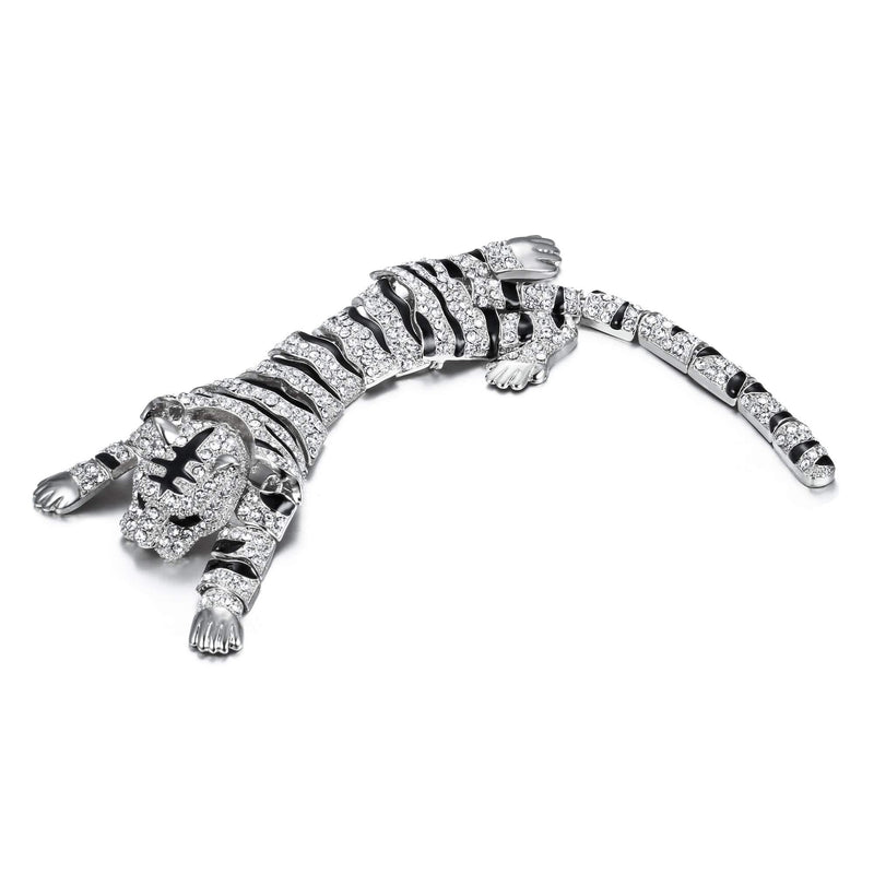 [Australia] - EVER FAITH Austrian Crystal Enamel 10 Inch Wildlife Predator Tiger Animal Brooch Clear Silver-Tone 