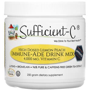 [Australia] - Sufficient-C high-dosed 4000 mg. Non-GMO Vitamin C - Lemon Peach Immune-Ade Drink Mix 250 Gram size - healthy, refreshing hydration with generous dosing of l-lysine, bromelain and a 96% pure, caffeine-free green tea extract, ionophore, thyroid, fatigue... 