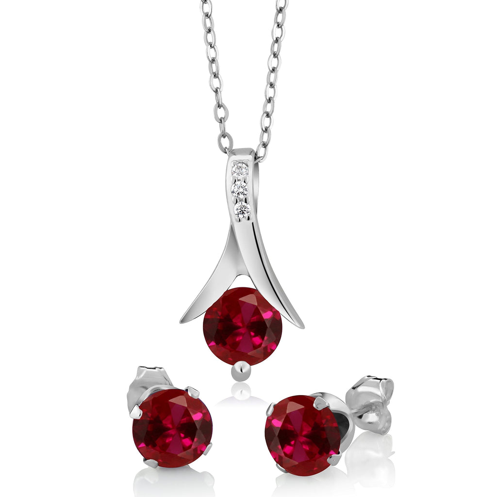 [Australia] - Gem Stone King 925 Sterling Silver Created Ruby Pendant and Earrings Set For Women, 2.40 Ct Round Cut With 18 Inch Silver Chain 