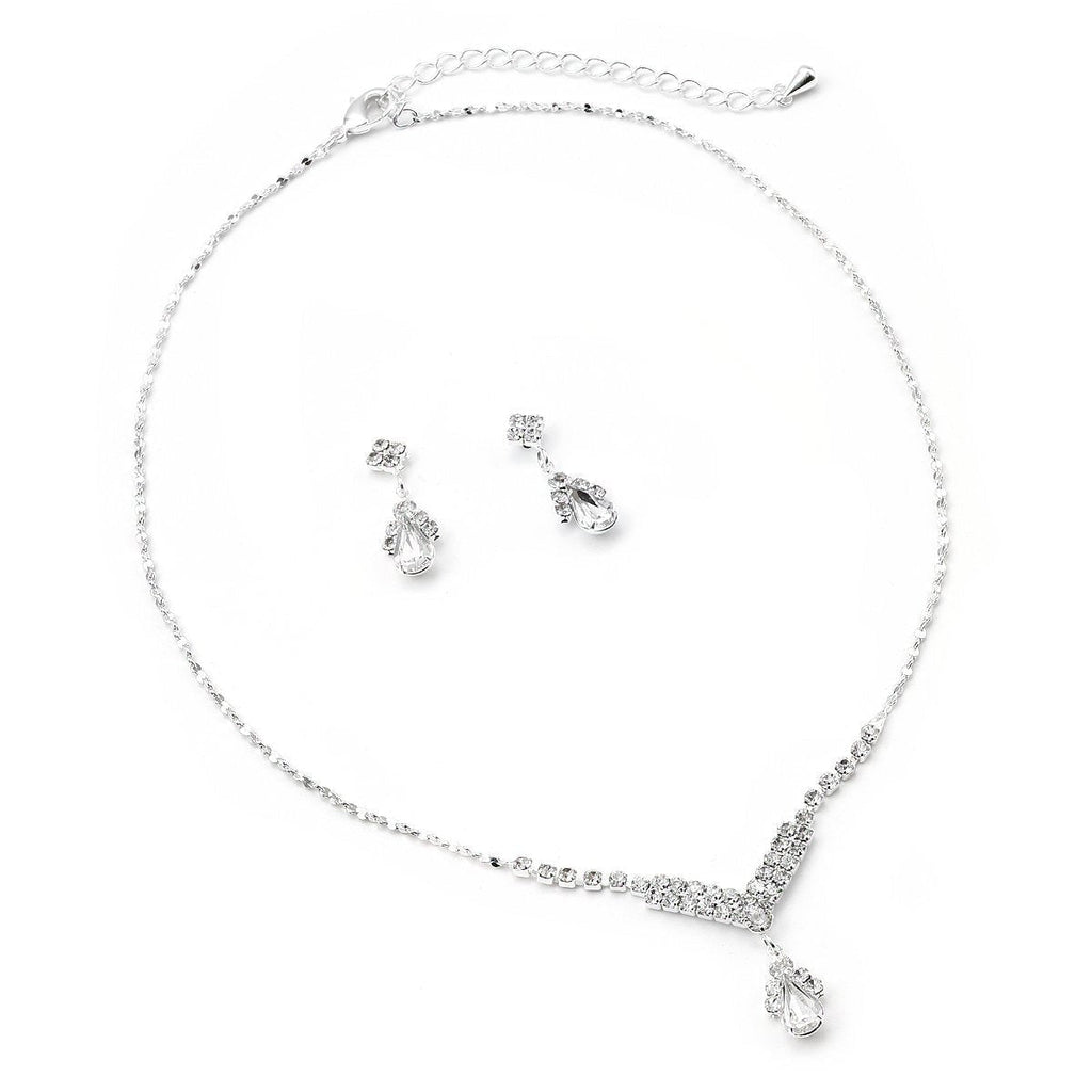 [Australia] - Silver Crystal Rhinestone Bridal Wedding Party Teardrop Shaped Dangle Earrings & V Shape Decorated Teardrop Center Piece Necklace Jewelry Set 