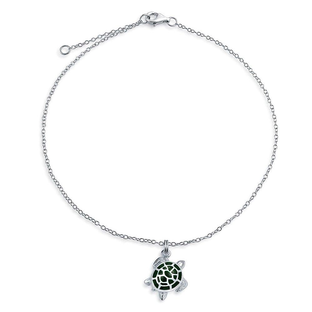 [Australia] - Green Turtle Enamel Nautical Dangle Charm Anklet Link Ankle Bracelet For Women 925 Sterling Silver 9 To 10 Inch 